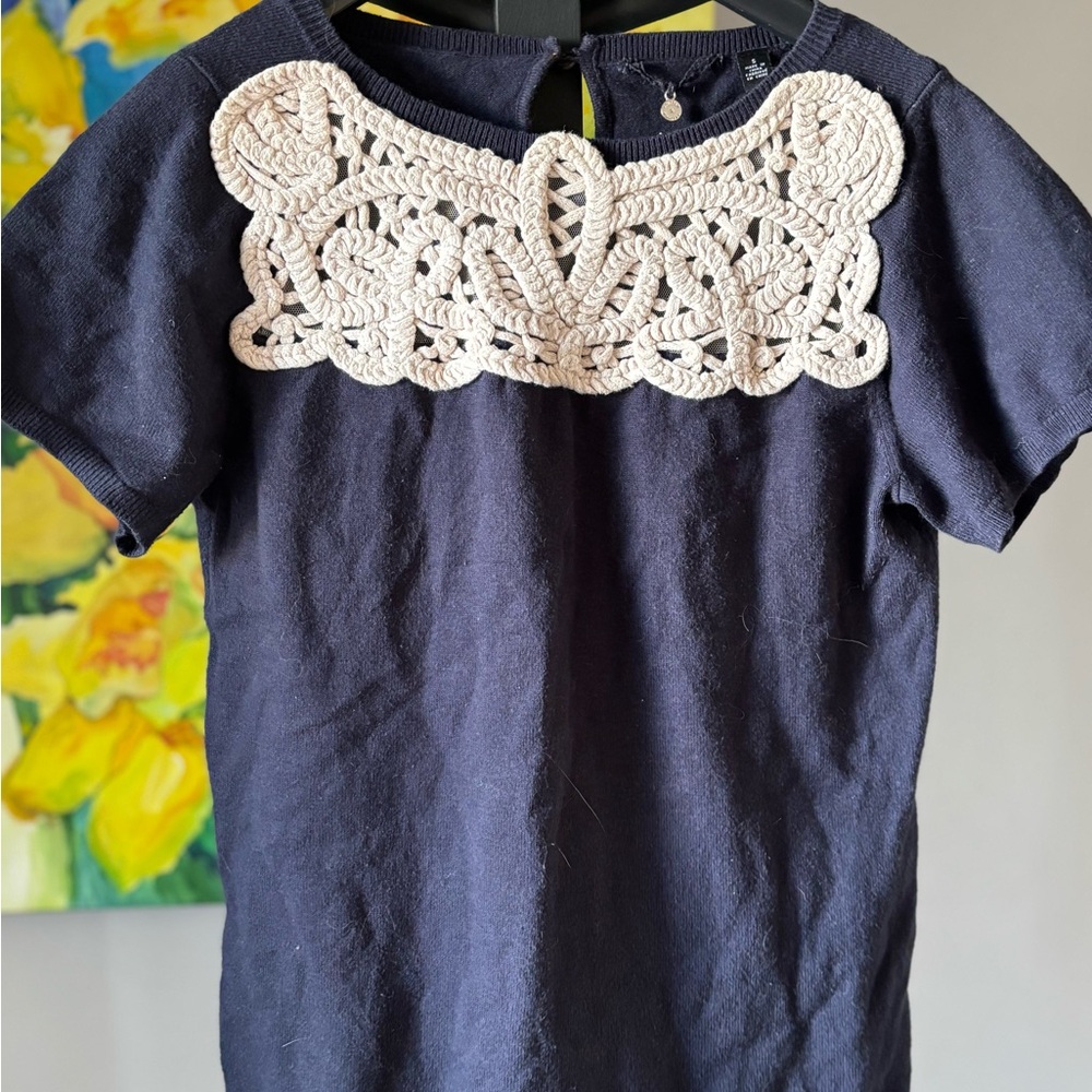 Anthropologie knitted & knotted short sleeve appliqué sweater navy